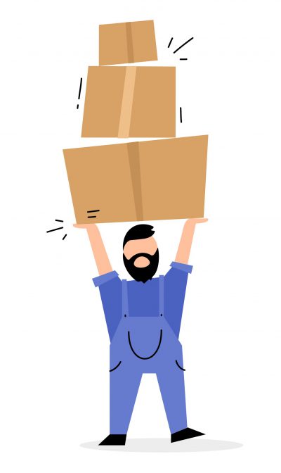 Vector creative illustration of delivery man in blue color uniform holding up box on white background. Flat style design for web, site, banner, poster, advertising